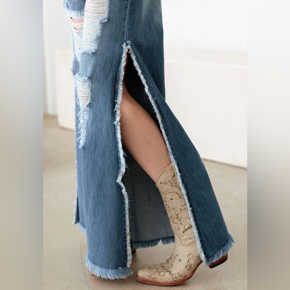 Distressed Blue Wide Leg Side Slit Women's Denim Jeans - Picture 6 of 6